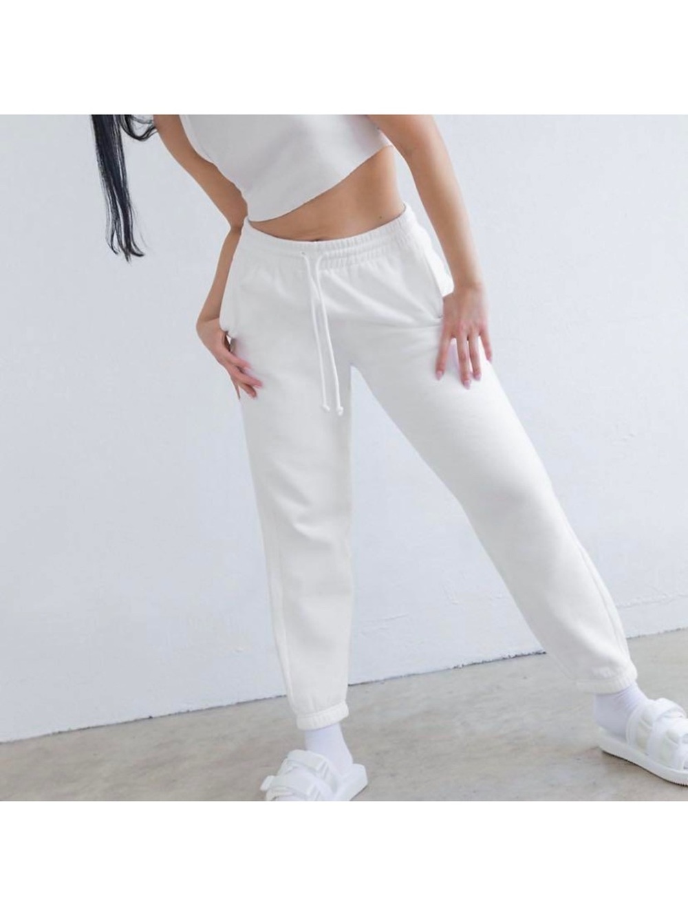Tan Cozy fleece Boyfriend Sweatpants - White